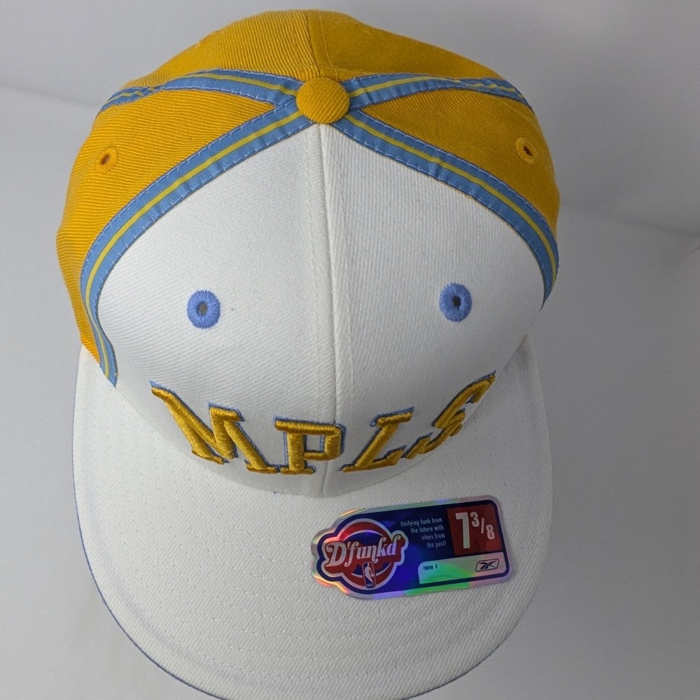 Reebok NWT MPLS Lakers D'Funkd Fitted Hat 7 3/8 Wool White Yellow Blue Flat Brim - Picture 10 of 13